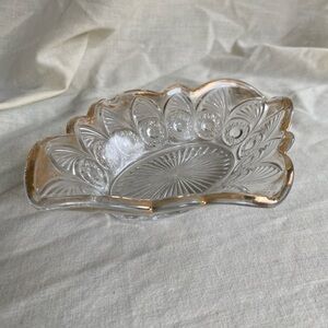 Antique US Glass Bulls Eye & Fan Clear Gold Trim Bowl EAPG 7"